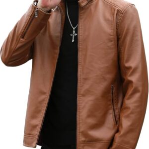 Mens Casual Stand Collar Faux Leather Jacket Biker Motorcycle Jackets