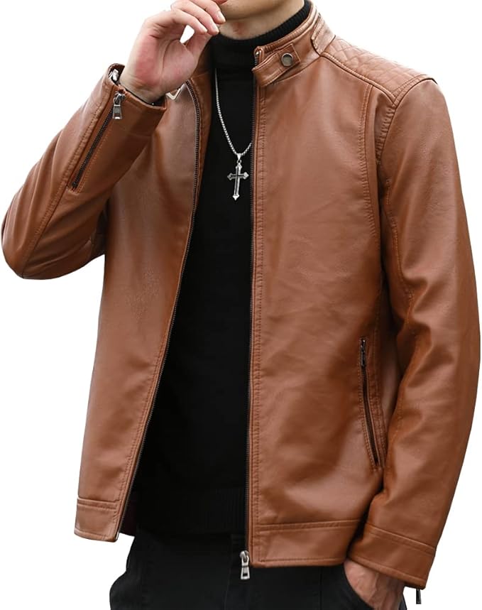 Mens Casual Stand Collar Faux Leather Jacket Biker Motorcycle Jackets