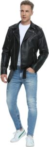 Fahsyee Leather Jackets for Men, Faux Bomber Jacket Mens Motorcycle Lapel Asymmetric Zip-Up Belt Slim Fit Biker Coat