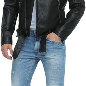 Fahsyee Leather Jackets for Men, Faux Bomber Jacket Mens Motorcycle Lapel Asymmetric Zip-Up Belt Slim Fit Biker Coat