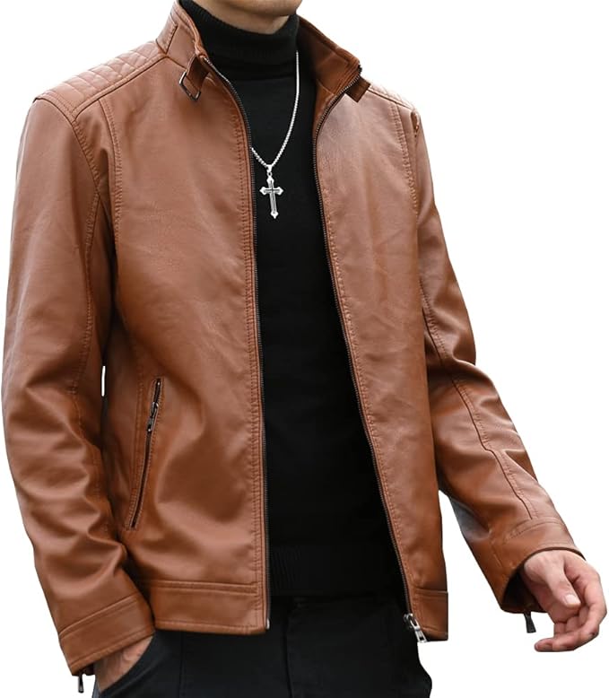 Mens Casual Stand Collar Faux Leather Jacket Biker Motorcycle Jackets - Image 3
