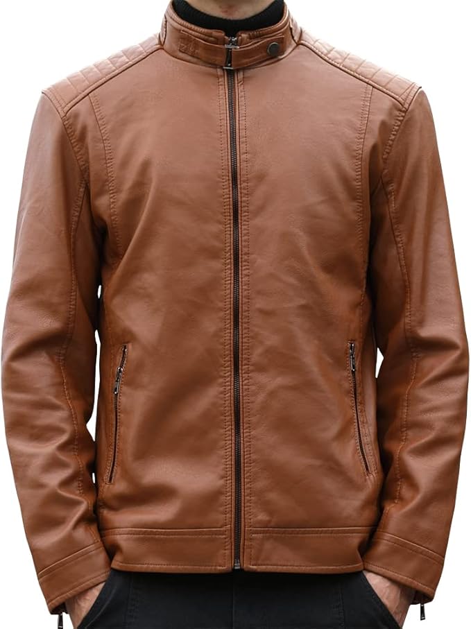 Mens Casual Stand Collar Faux Leather Jacket Biker Motorcycle Jackets - Image 2