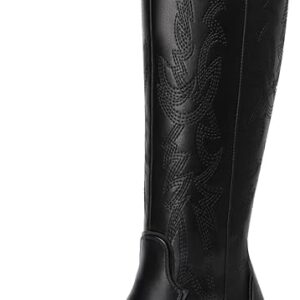 DREAM PAIRS Womens Cowboy Boots Wide Calf Comfortable Pull On Zipper Chunky Heel Pointed Toe Embroidered Western Cowgirl Knee High Boots Girls Ladies Retro Tall Boot