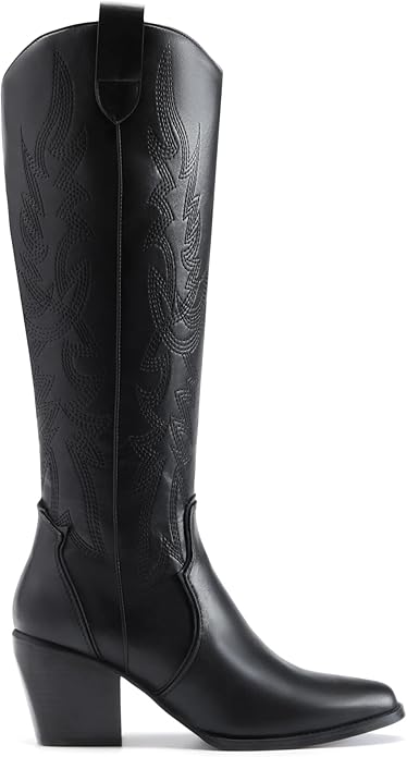 DREAM PAIRS Womens Cowboy Boots Wide Calf Comfortable Pull On Zipper Chunky Heel Pointed Toe Embroidered Western Cowgirl Knee High Boots Girls Ladies Retro Tall Boot - Image 2