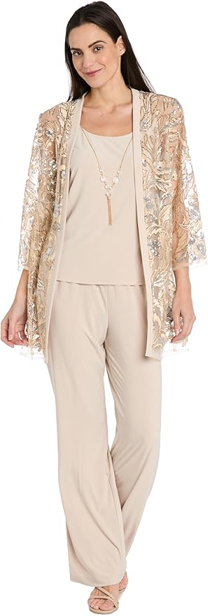R&M Richards Elegant 3PC Pantsuit W/Sequin Lace Sheer Jacket & Tank