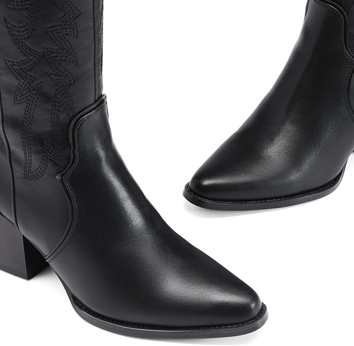 DREAM PAIRS Womens Cowboy Boots Wide Calf Comfortable Pull On Zipper Chunky Heel Pointed Toe Embroidered Western Cowgirl Knee High Boots Girls Ladies Retro Tall Boot - Image 3