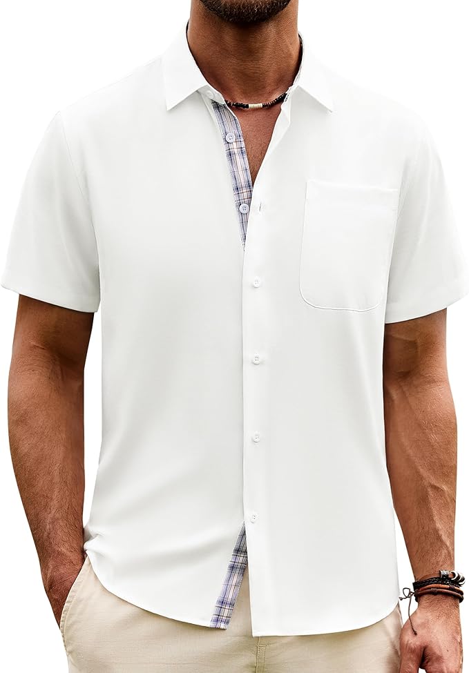 Mens Button Down Short Sleeve Shirts Summer Casual Linen-Like Urban Shirt Beach Wedding Vacation Tops with Pocket