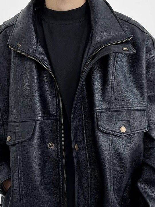 Men Spread Collar Solid Leather Casual Leather Jacket - Image 2