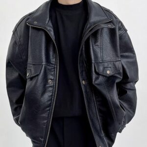Men Spread Collar Solid Leather Casual Leather Jacket