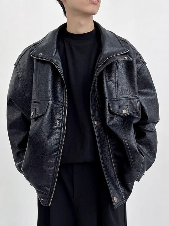 Men Spread Collar Solid Leather Casual Leather Jacket