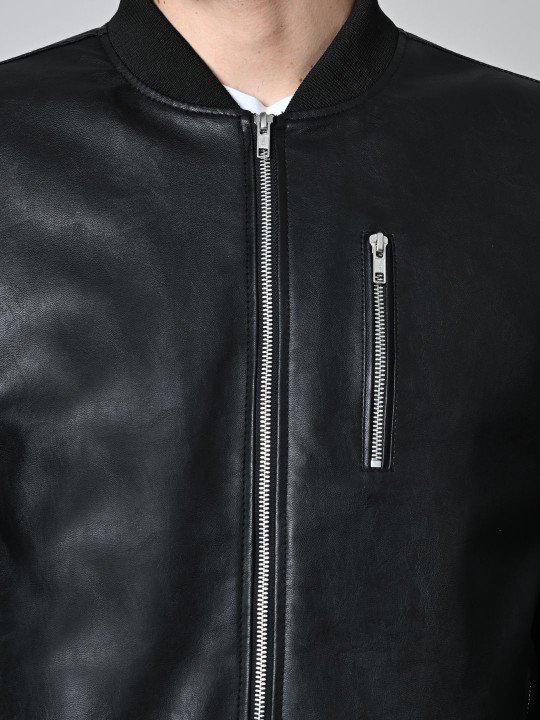 Men Striped Lightweight Crop Leather Jacket - Image 2