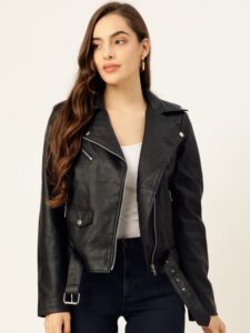 Women Black Solid Lightweight Leather Jacket