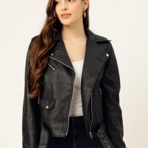 Women Black Solid Lightweight Leather Jacket