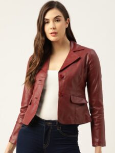 Women Maroon Lightweight Faux Leather Jacket