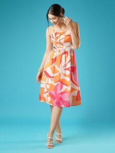 Floral Print Square Neck Shoulder Straps Bow Design Panelled Fit & Flare Midi Dress